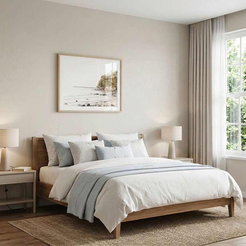 A styled bedroom scene featuring a wooden bed frame with white bedding, light blue accent pillows and throw, a matching wooden headboard, and a light wood nightstand. A framed landscape print hangs on the beige wall above the bed.