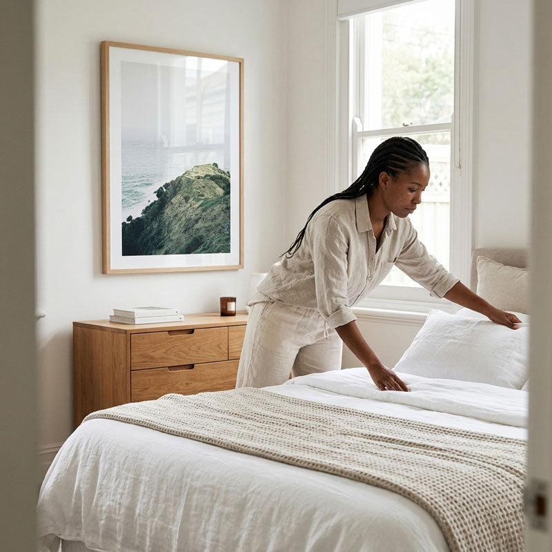 A woman in a light beige pajama set adjusts the pillows on a neatly made bed with white linens and a textured beige throw blanket. The bedroom has a light wood nightstand, a large framed coastal landscape print on the wall, and a bright window.