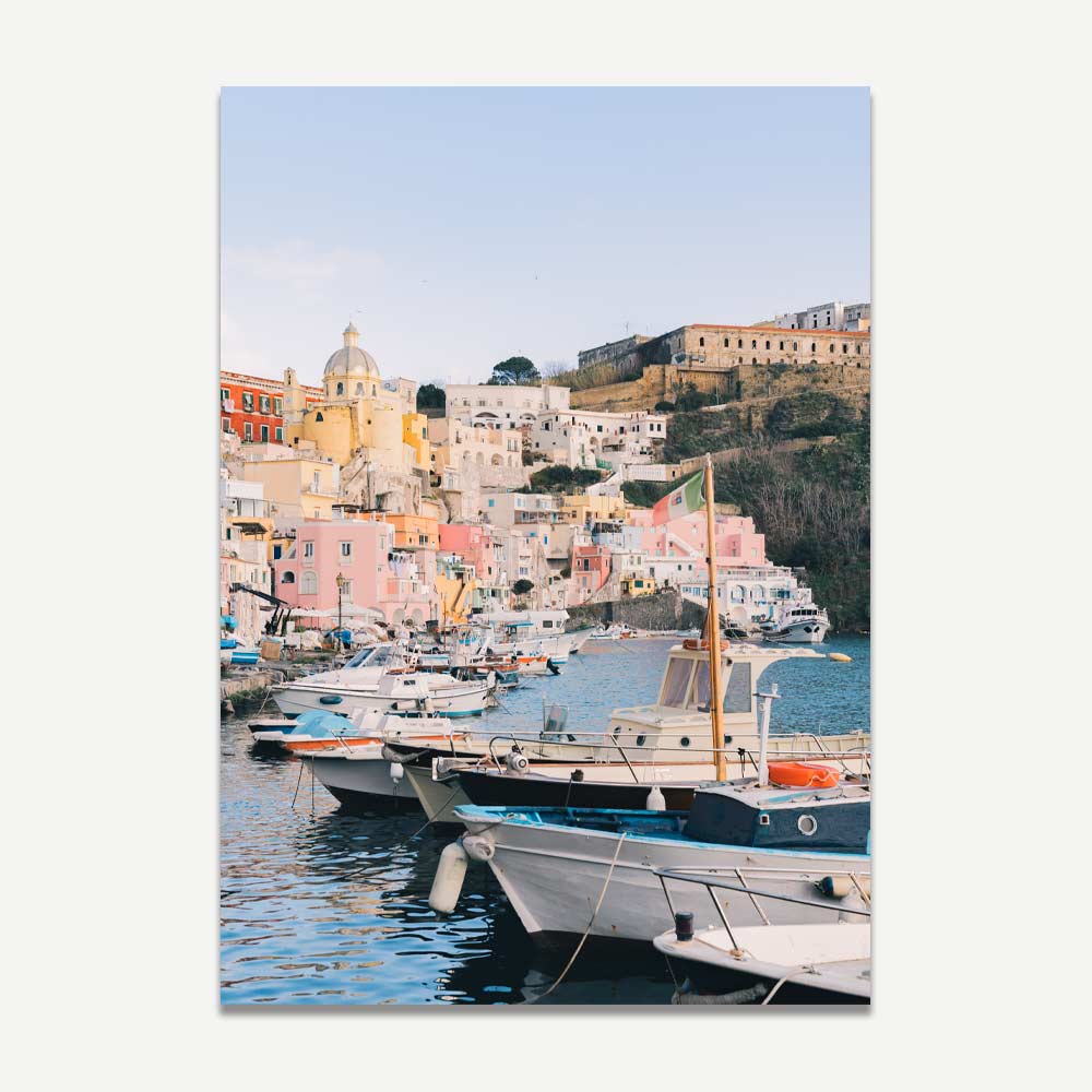 Marina Corricella wall art with pastel buildings and calm waterfront – serene Mediterranean print inspired by Procida Island, Italy.