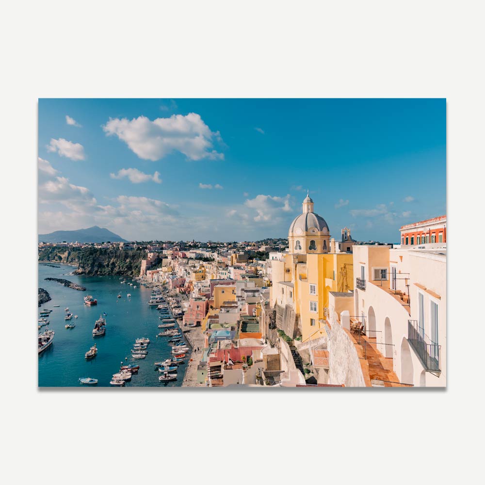 Marina Corricella wall art from Procida Island, featuring pastel buildings and peaceful marina – perfect Mediterranean decor for a serene home.