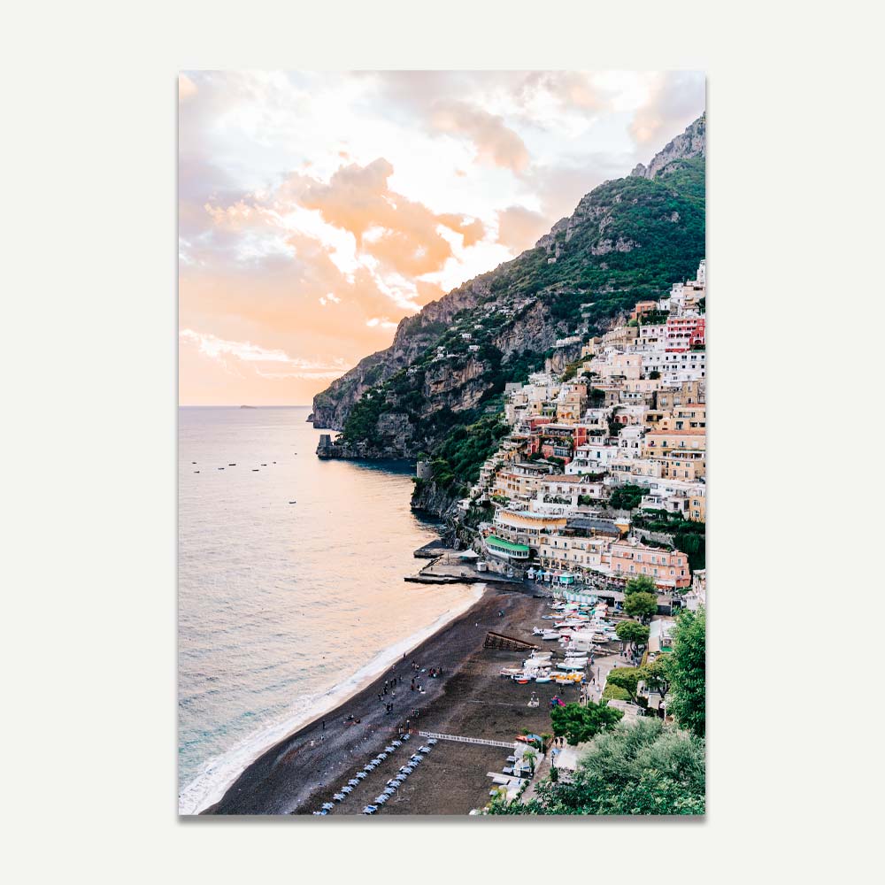 Positano wall art with iconic cliffside buildings after a storm – vibrant coastal decor for a serene Italian-inspired home.