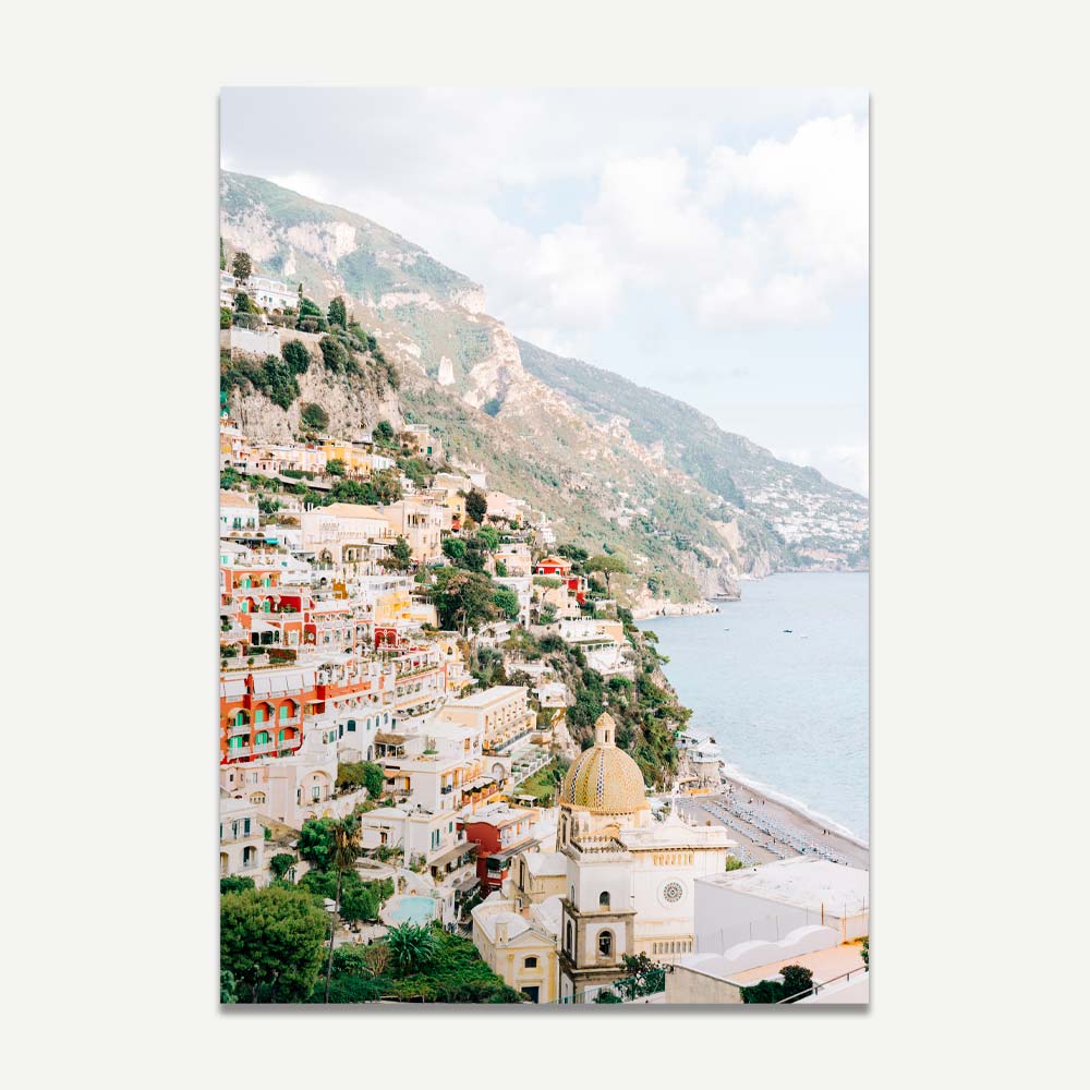 Positano wall art with iconic dome and cliffside buildings after morning rain – vibrant Italian coastal decor for a serene home.