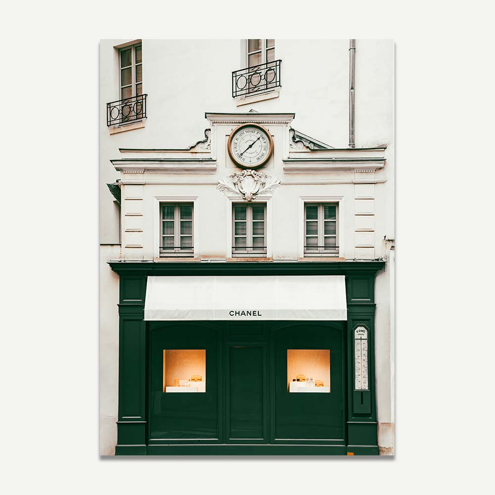 Coco Chanel Luxury Brand Shop front in Paris Wall art, perfect for stylish home decor.