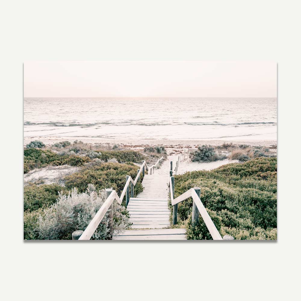 Ocean Sunset Print - Art Wall Art for Cool Wall Decor, Stairs Leading to Beach