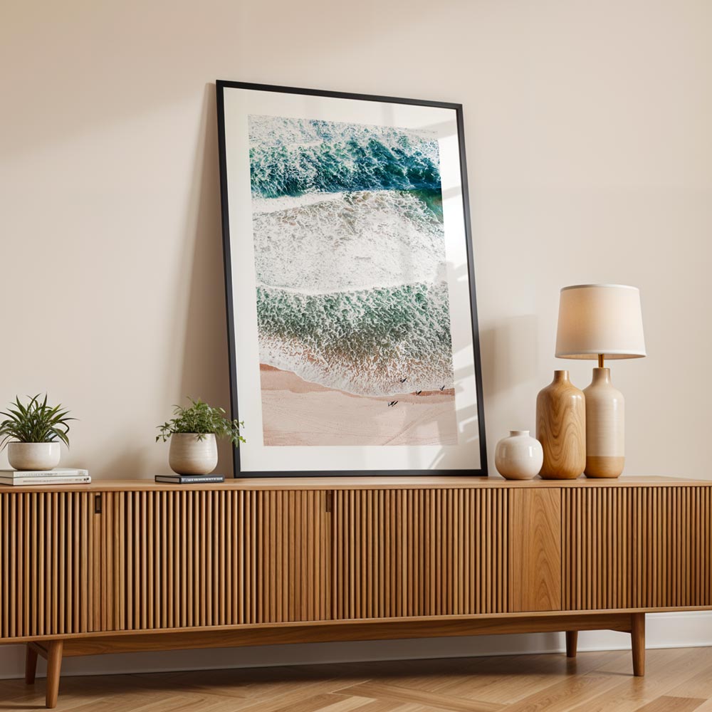Coastal decor featuring turquoise ocean and sandy coastline.