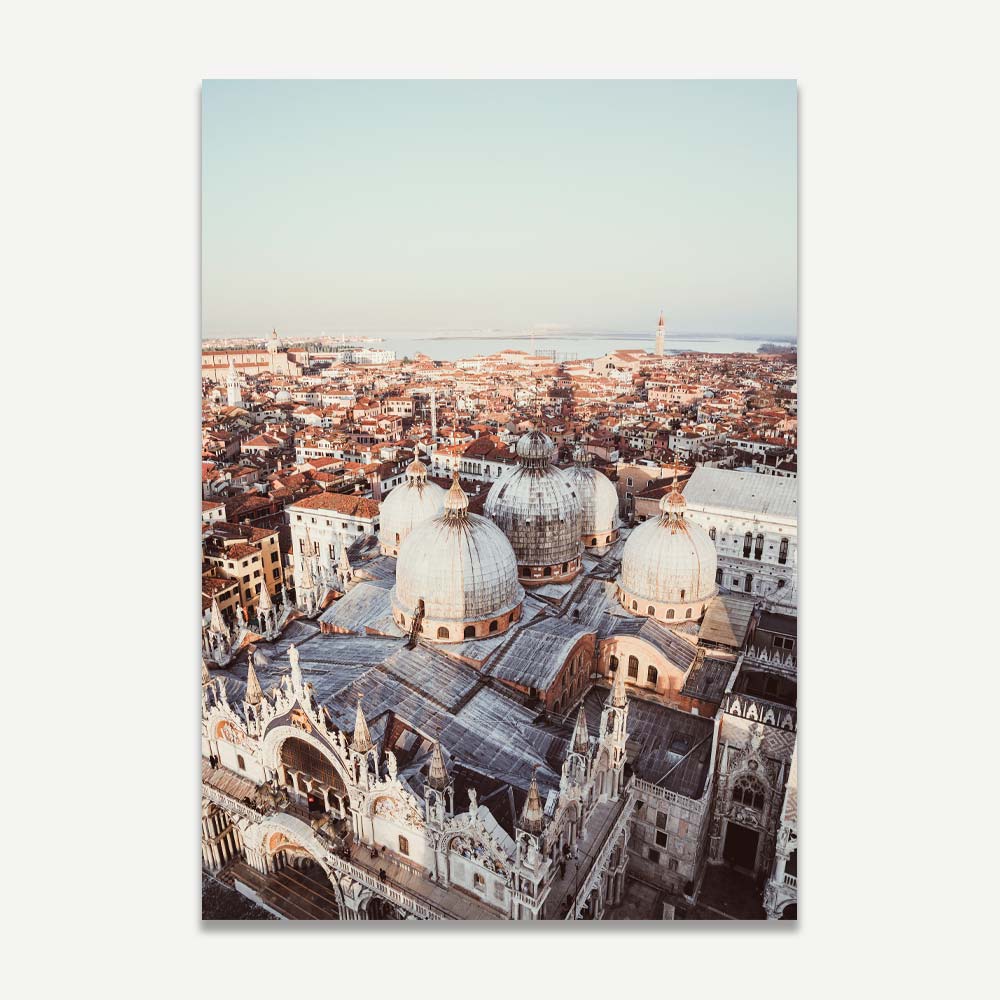 Venice panoramic view from Saint Mark's Bell Tower – stunning photo art capturing the Grand Canal and city rooftops for elegant home decor.