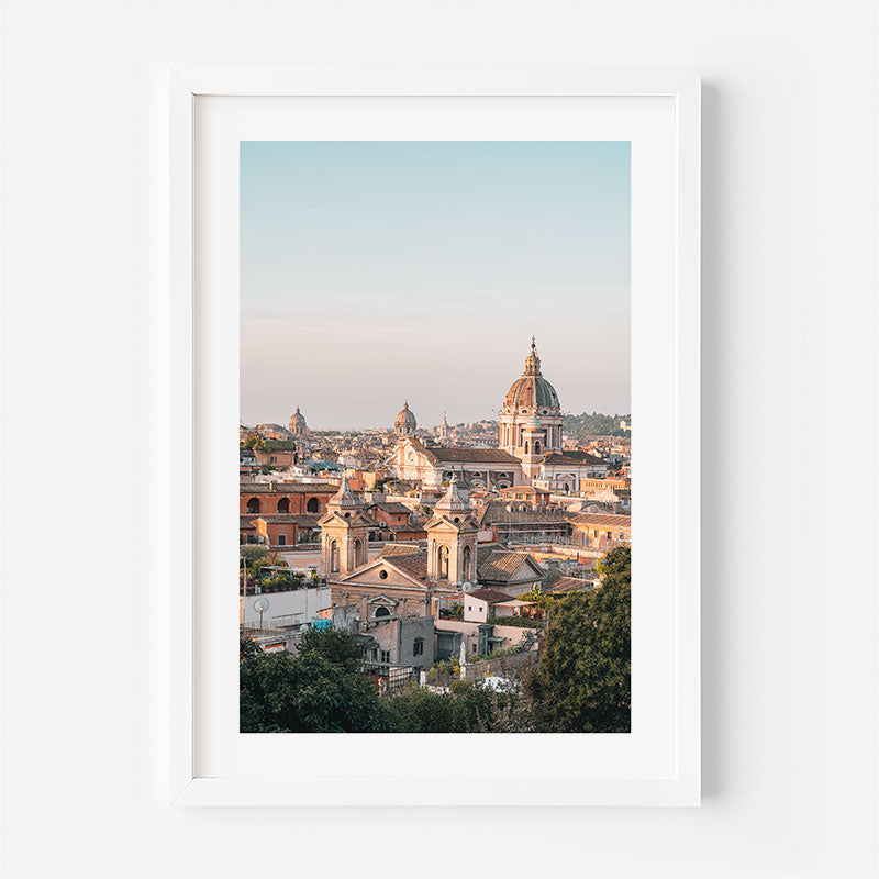 A framed art print featuring a scenic photograph of a European city skyline with historic domes and rooftops, displayed against a clean white wall.