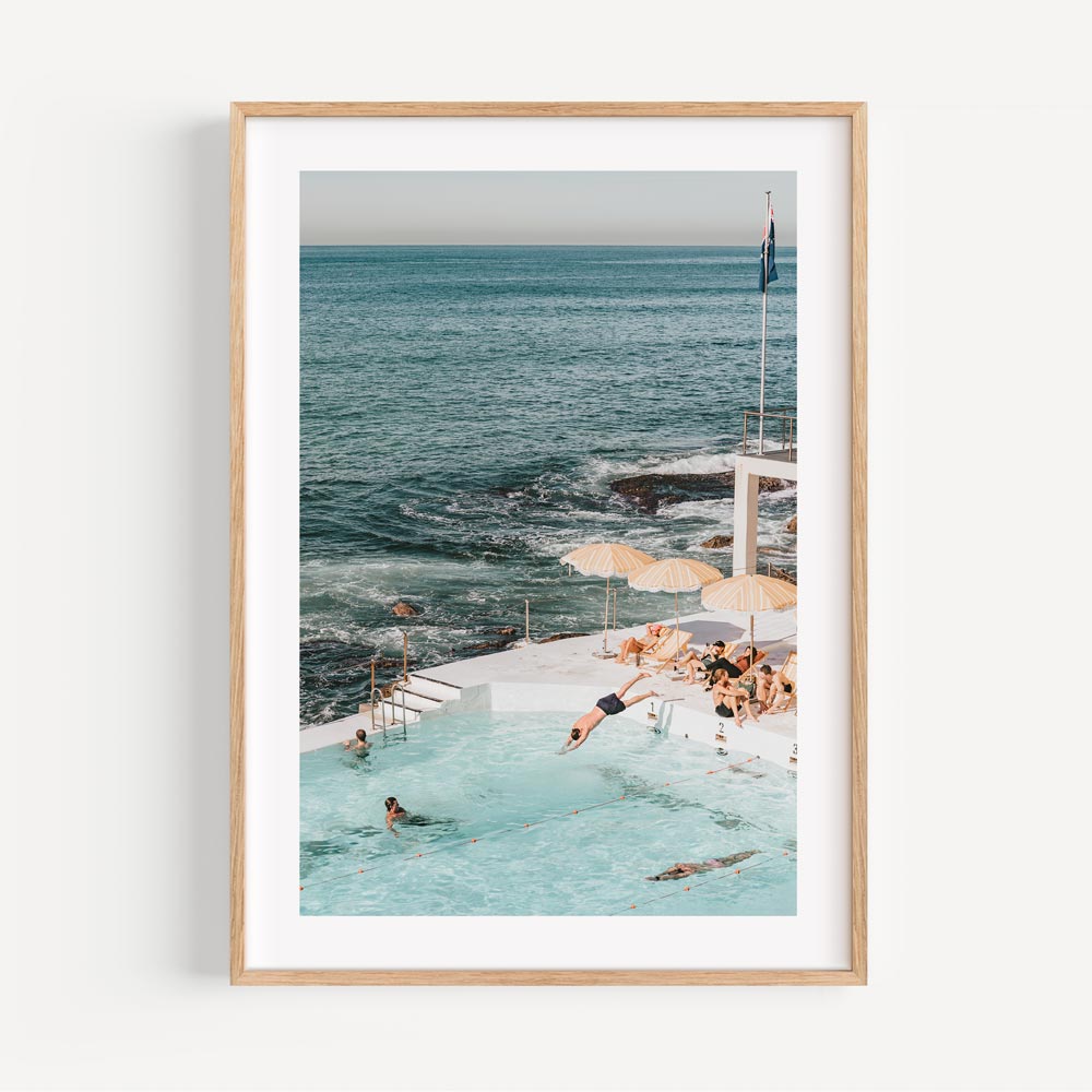 Bondi Icebergs framed art with refreshing turquoise tones, ideal for lounge room wall art or beach-themed decor.