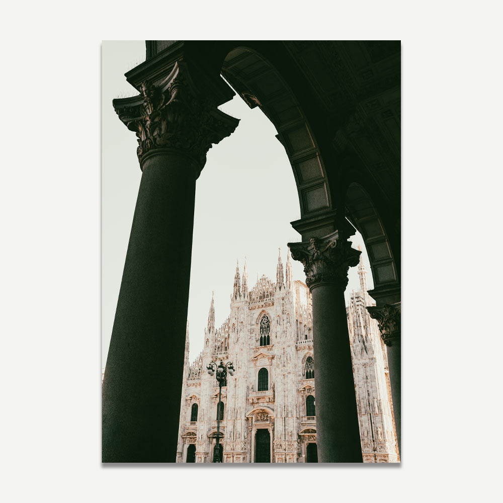 Photograph of Duomo di Milano with archway – serene Milan cathedral wall art for elegant Italian home decor.