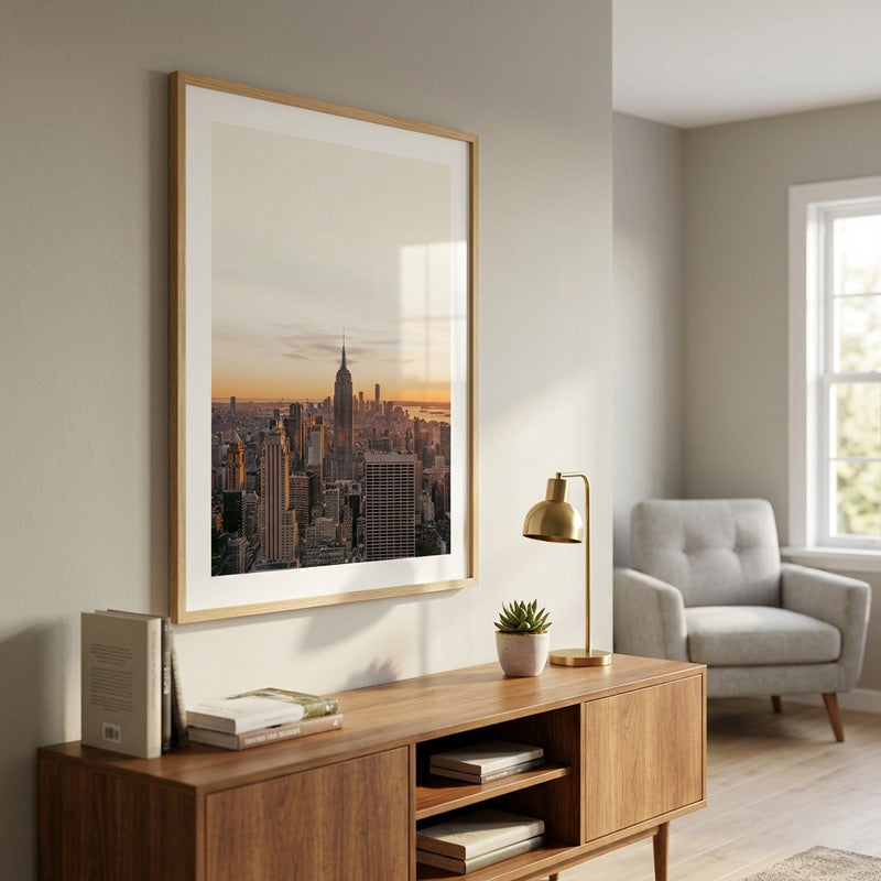 A large framed art print of a New York City skyline at sunset hangs on a beige wall above a wooden console table in a modern living room setting.