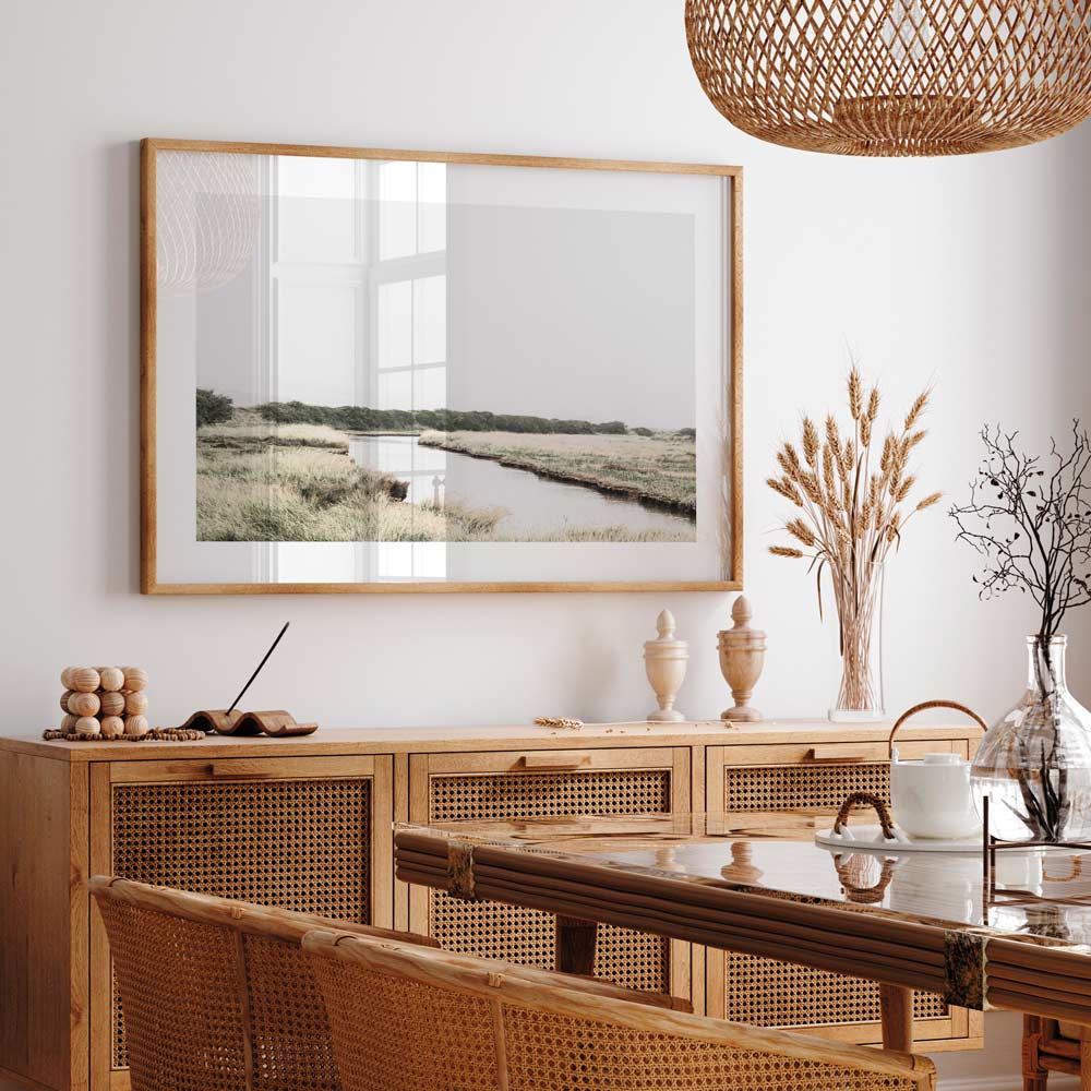 Captivating wall artwork featuring a river meandering through a scenic field in the English countryside.