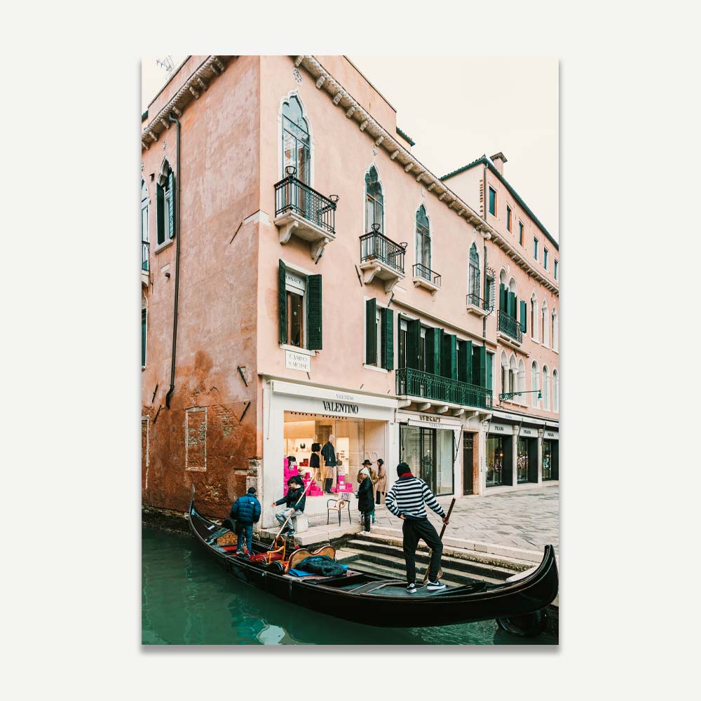 Valentino Venice, Italy: A mesmerizing scene for home decor, offering a glimpse of Venetian elegance with a boat and architectural beauty.
