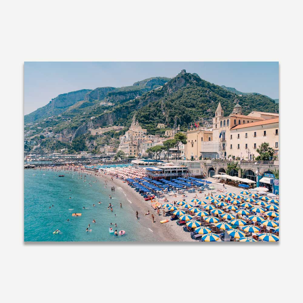 Amalfi Marina Grande summer scene with beach umbrellas and sunbathers – vibrant coastal wall art capturing the essence of Italian seaside living and summer charm.