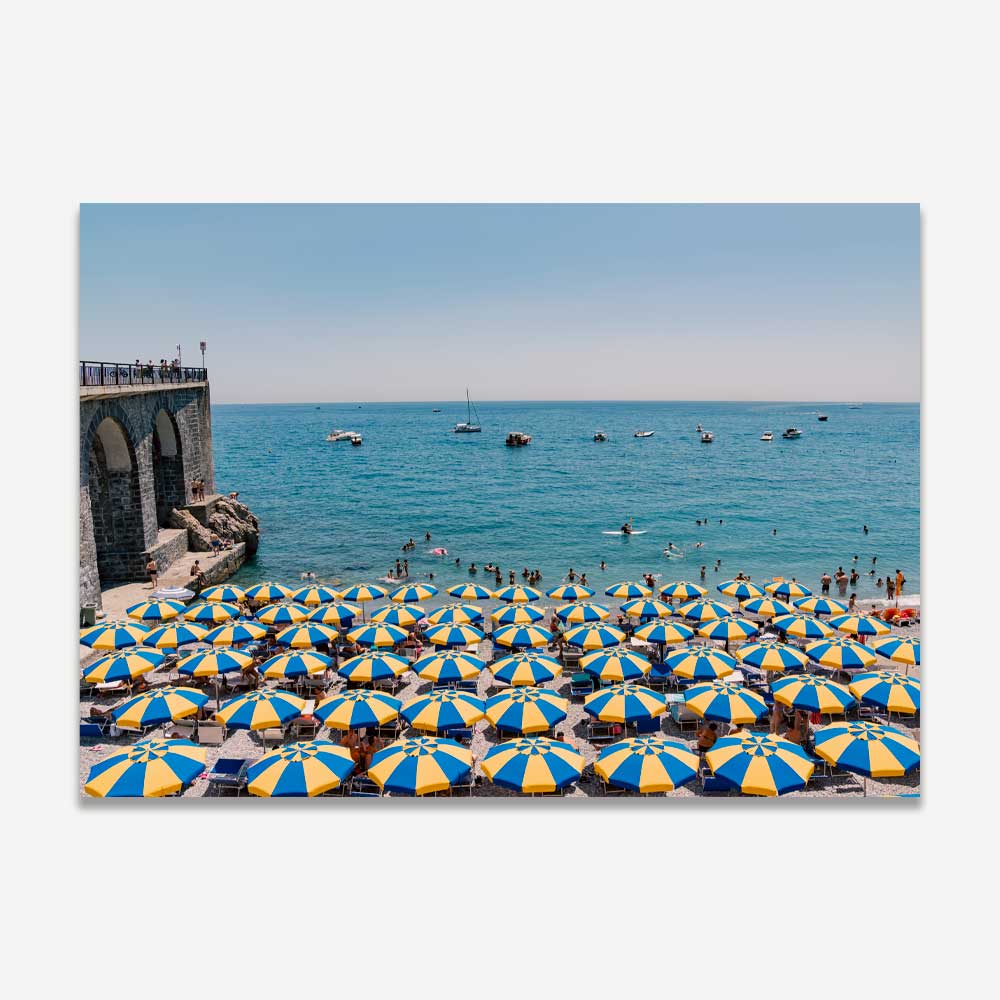 Amalfi Marina Grande summer scene with colourful beach umbrellas and sparkling Mediterranean backdrop – vibrant coastal wall art capturing Italian charm and the essence of coastal living.