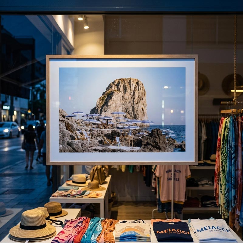 A large framed beach art print of a rocky coastal cliff with beach umbrellas and the sea, displayed in a retail store window above tables of hats and T-shirts.