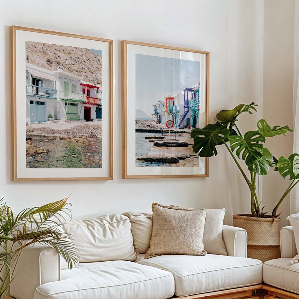 Whitewashed fishing village houses along the shore with crystal-clear sea – Milos Island wall art by Oblong Shop