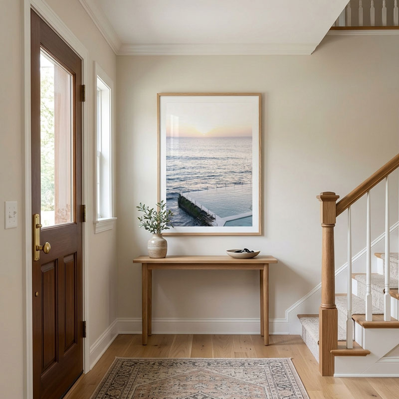 A framed vertical art print of a serene ocean sunset hangs on a beige wall in a bright entryway, above a light wood console table with a vase and small bowl. A wooden door is on the left, and a staircase with white railings is on the right.