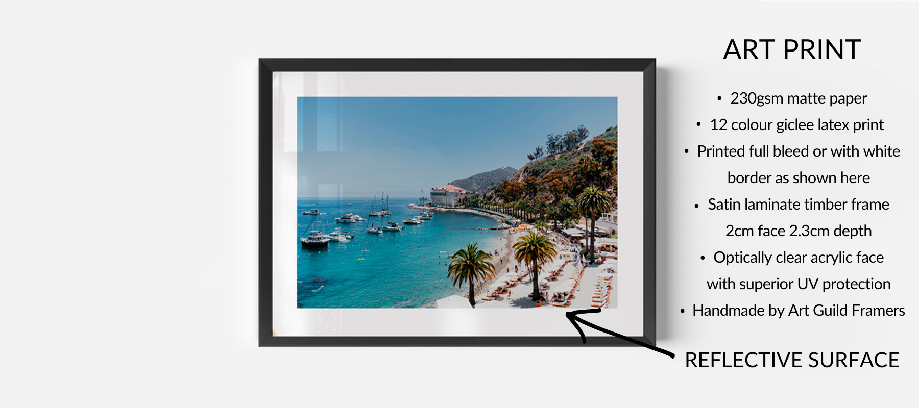 Framed art print of a coastal scene with palm trees and boats, displayed on a white background.
