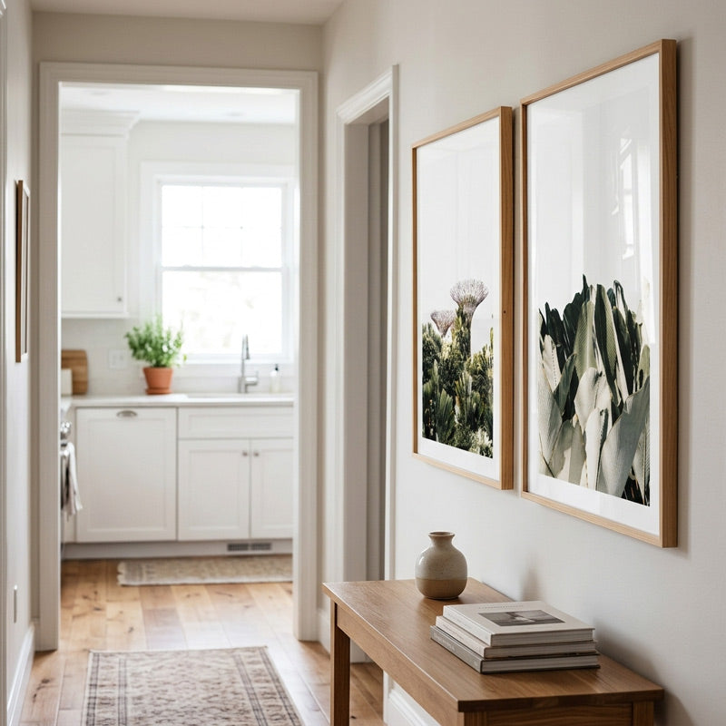 Modern interior with framed artwork on a wall, wooden bench, and kitchen in the background.
