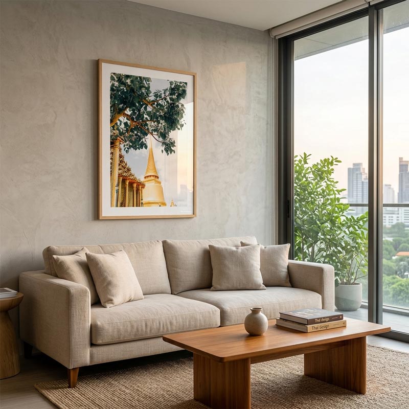 A modern living room scene featuring a beige fabric sofa with matching throw pillows, a wooden coffee table, and a large framed art print depicting a golden temple and tree on the textured gray wall.