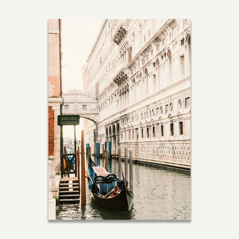 Gondola docking at Ponte dei Sospiri in Venice – romantic Venetian wall art for timeless Italian home decor.