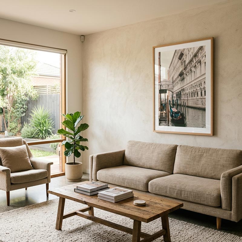 A styled living room featuring a beige fabric sofa, a matching armchair, a rustic wooden coffee table, and a large framed black and white architectural print on the wall.