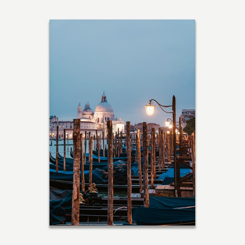 Venice gondolas docking at Saint Mark's with Basilica di Santa Maria della Salute – romantic Venetian wall art for timeless home decor.