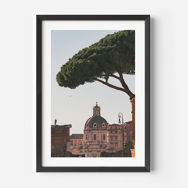 A framed art print featuring a scenic view of a domed cathedral and historic buildings under a large pine tree, presented in a black frame with a white mat against a light gray background.