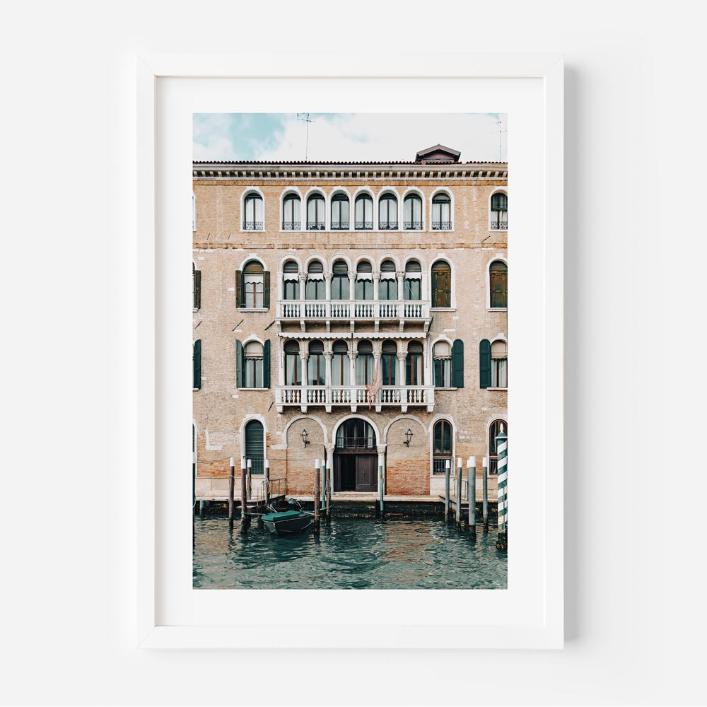 Canvas print capturing the serene Green Poles and scenic waterfront of Venice, Italy - Perfect for wall art and home decor.