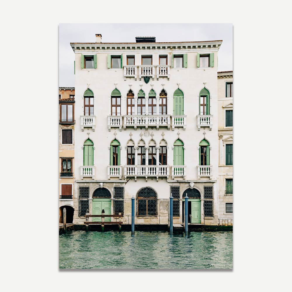 Venice wall art with green doors and serene canal – bestselling European decor capturing the elegance and romance of Venice.