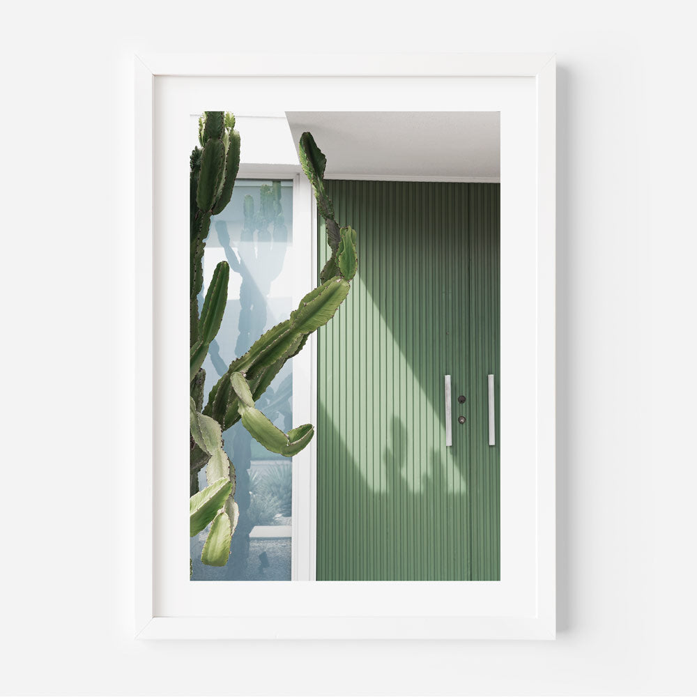  Wall art print featuring a green door and cactus - unique artwork for living spaces
