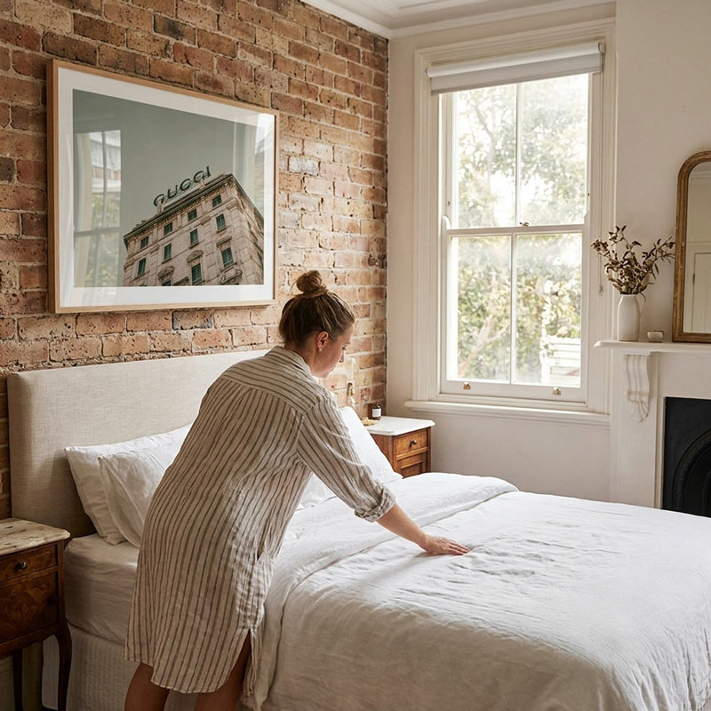 A woman in a striped ribbed shirt dress is making up a bed with white linens in a bedroom with an exposed brick wall and a large framed art print of a Gucci building.