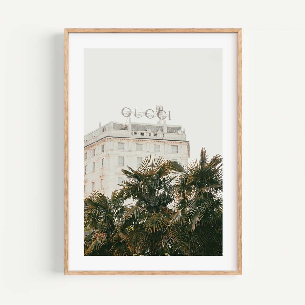 Immerse yourself in Italian elegance with this framed photograph of the Gucci Building - perfect for canvas prints.