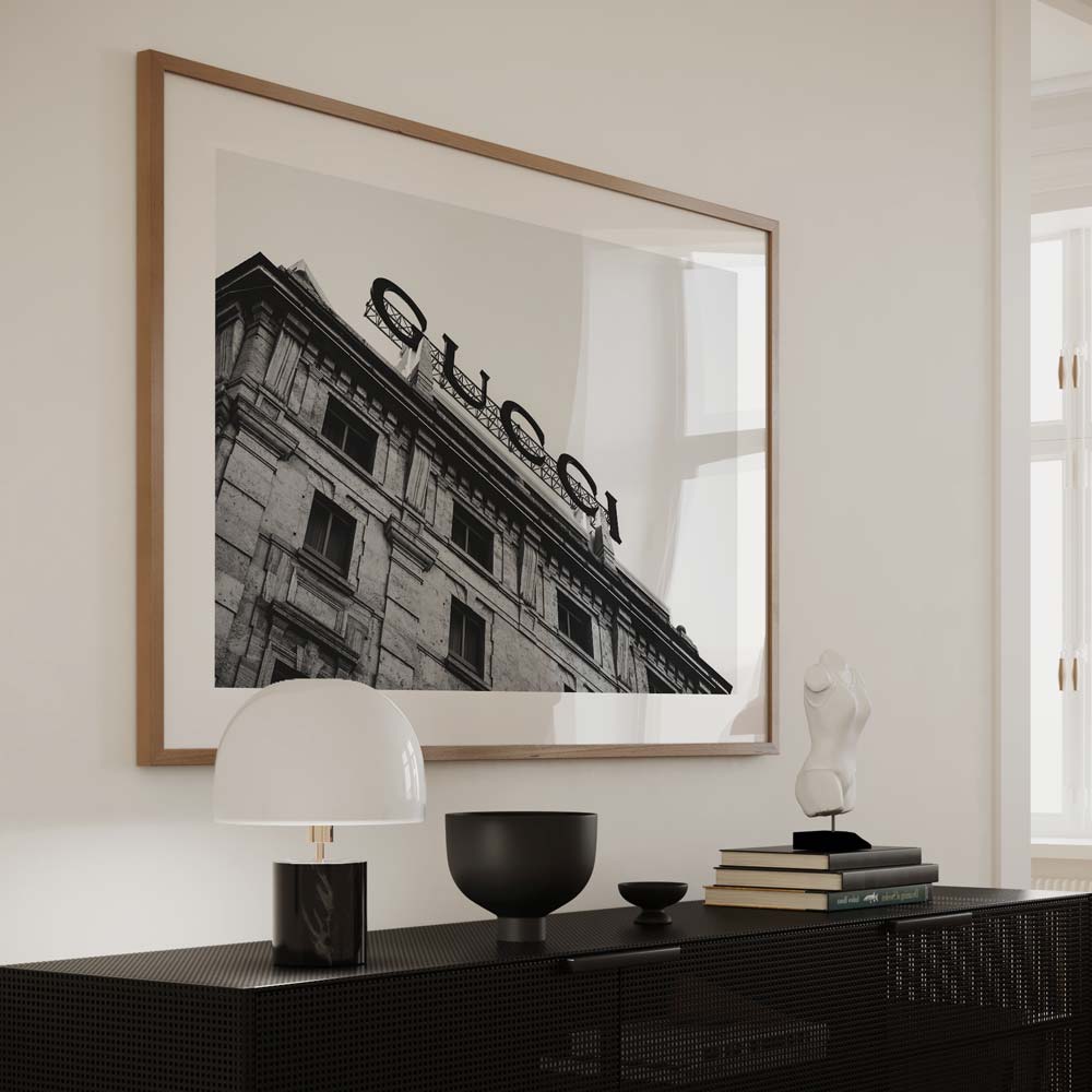 Capture the essence of Milan's fashion scene with this black and white Gucci Sign - an ideal addition to your canvas prints collection.