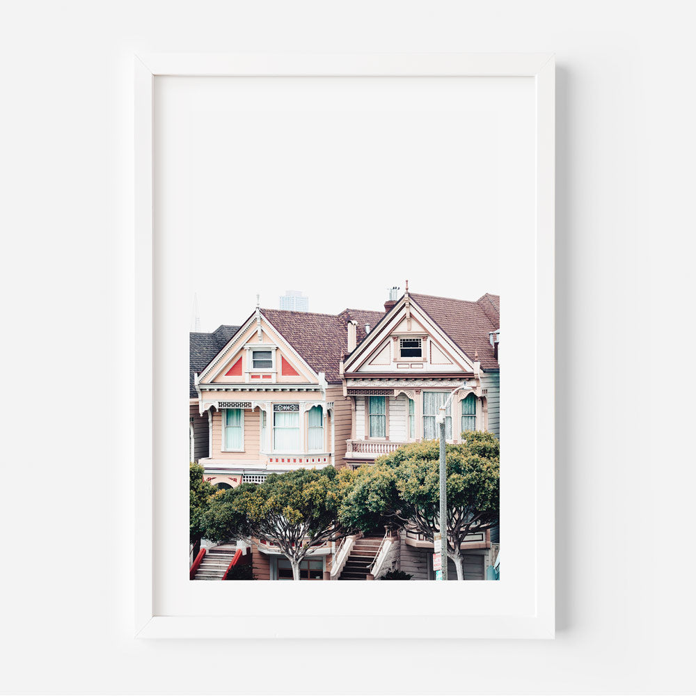 Heritage Heights wall art featuring San Francisco’s Painted Ladies with soft pastel hues and intricate details.
