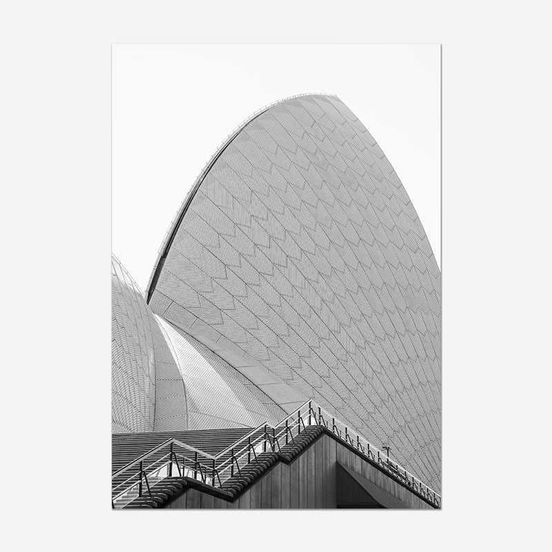 Black and white photograph of the Sydney Opera House