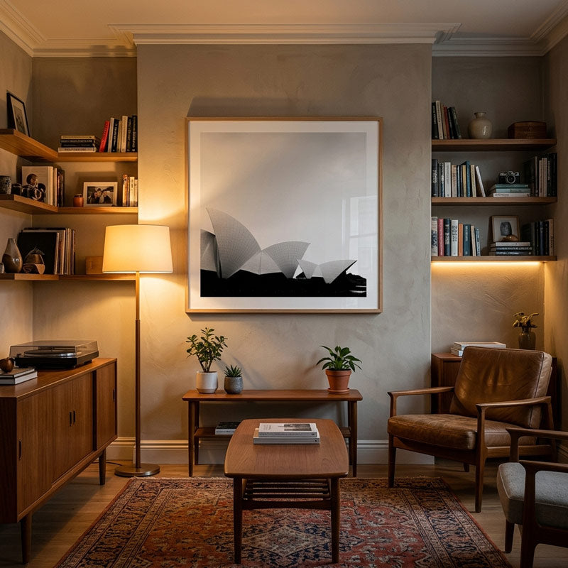 A modern living room with a large black and white framed art print of the Sydney Opera House on a warm gray wall, flanked by built-in wooden shelves with books and decor.