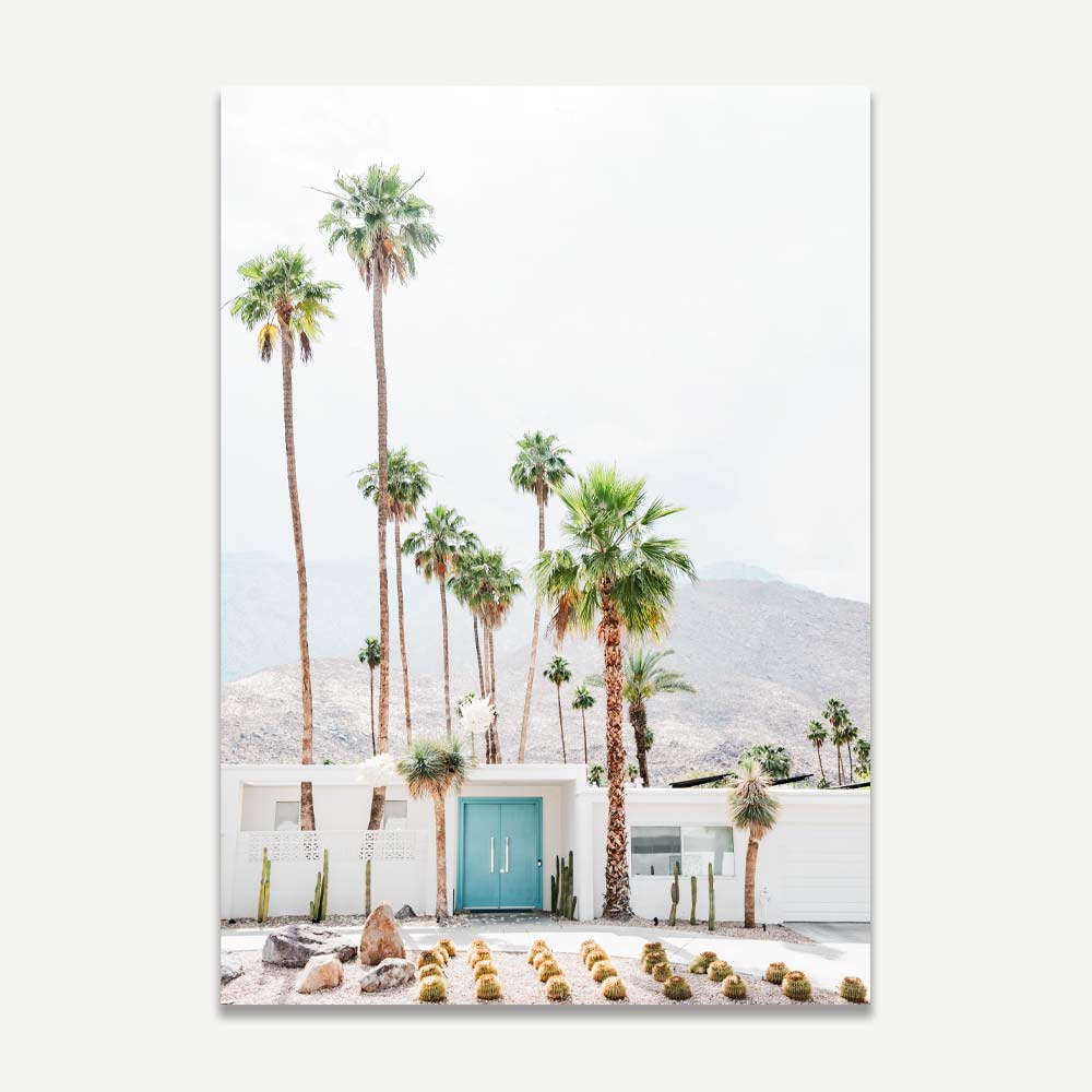 Beautiful Indian Canyons scene with blue door house and palm trees, ideal for wall decor and fine art prints.