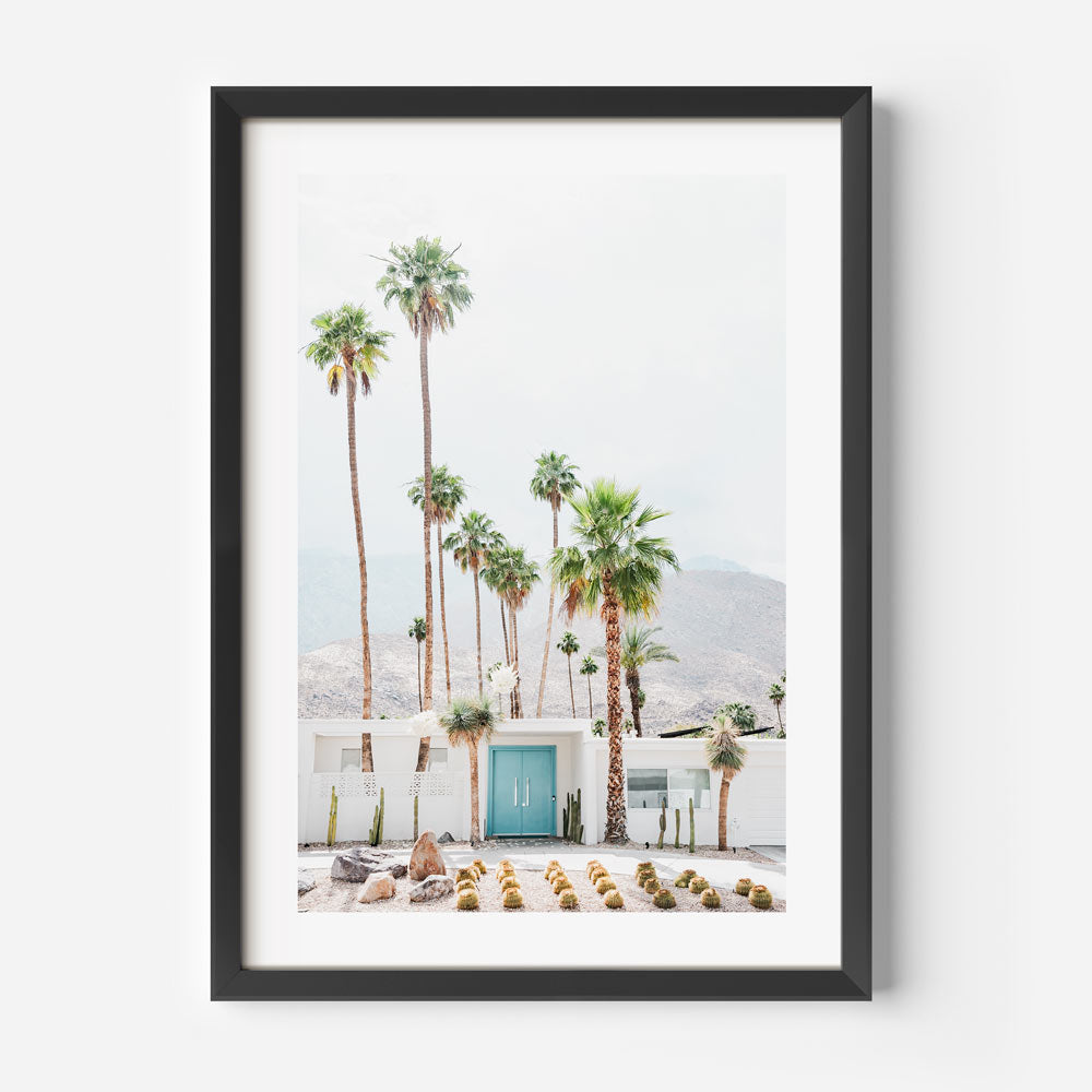 Indian Canyons landscape with blue door house and mountains, great for living room wall art decor.