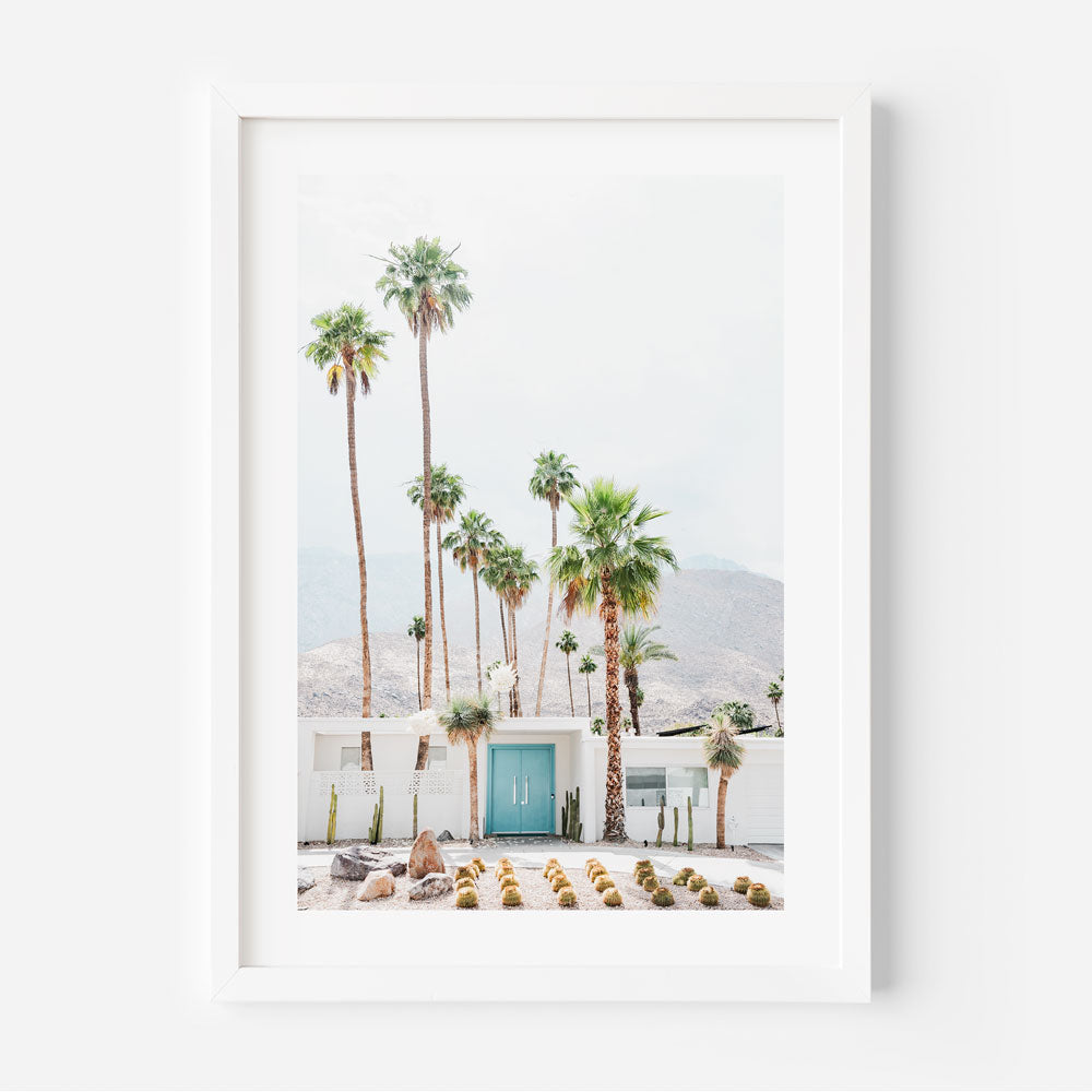 Blue door house and palm trees at Indian Canyons, Palm Springs - ideal for modern wall art and large artwork for walls.