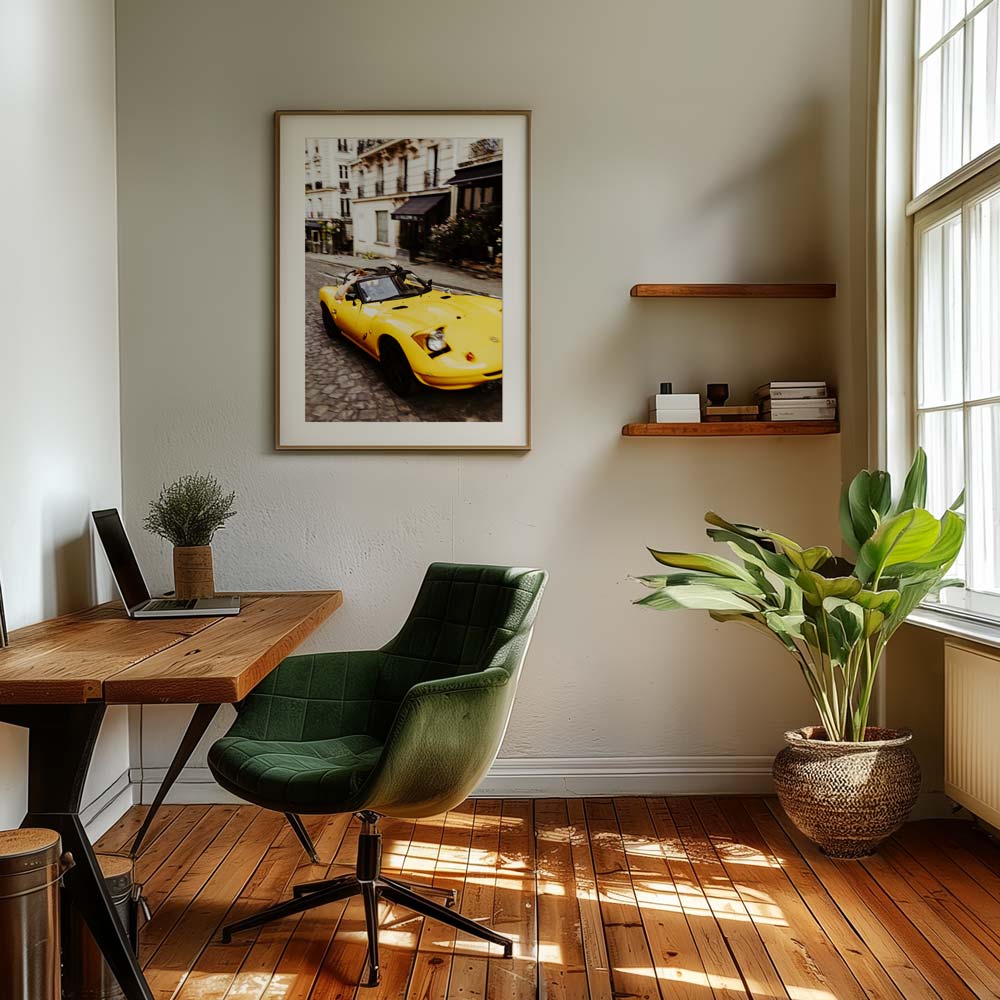 Classic yellow car on the streets of Paris in beautiful wall artwork, ideal for adding elegance to your living room.
