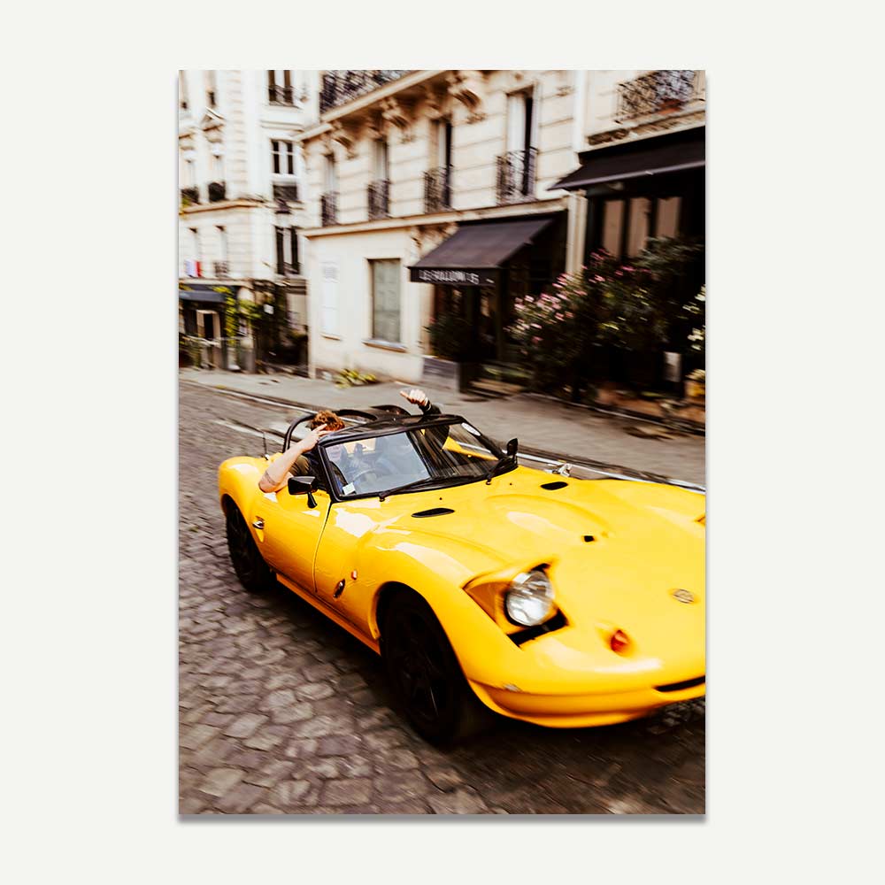 Yellow sport car on Parisian streets in original photography, adding charm and elegance to your space.
