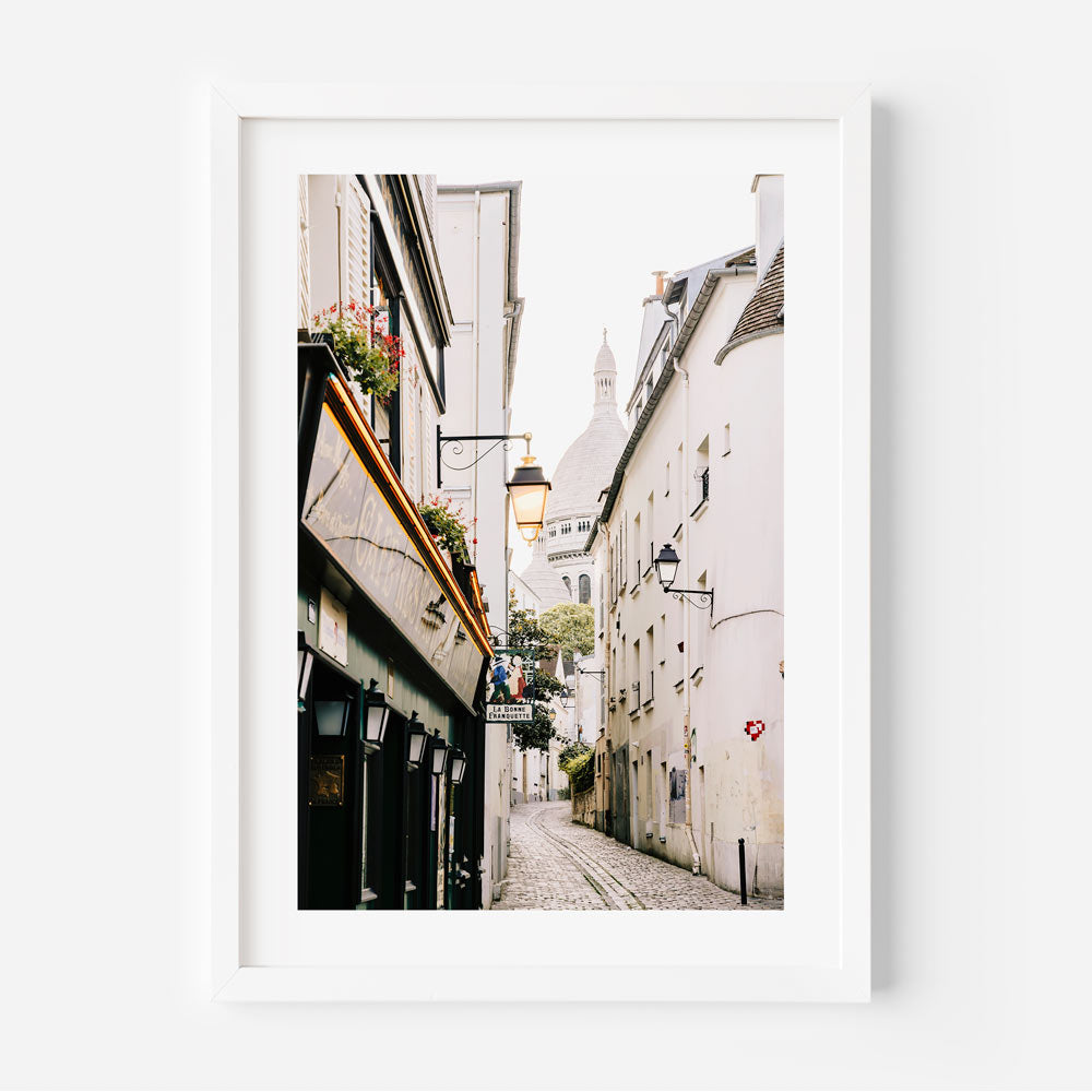 Montmartre sunrise stroll with Sacré-Cœur in the background, perfect Parisian wall art for any room.
