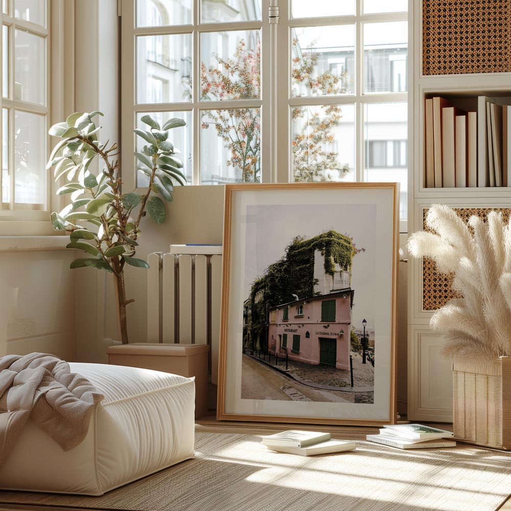 Iconic Montmartre scene with colorful cafés and cobblestone streets, bringing Parisian elegance into your space.
