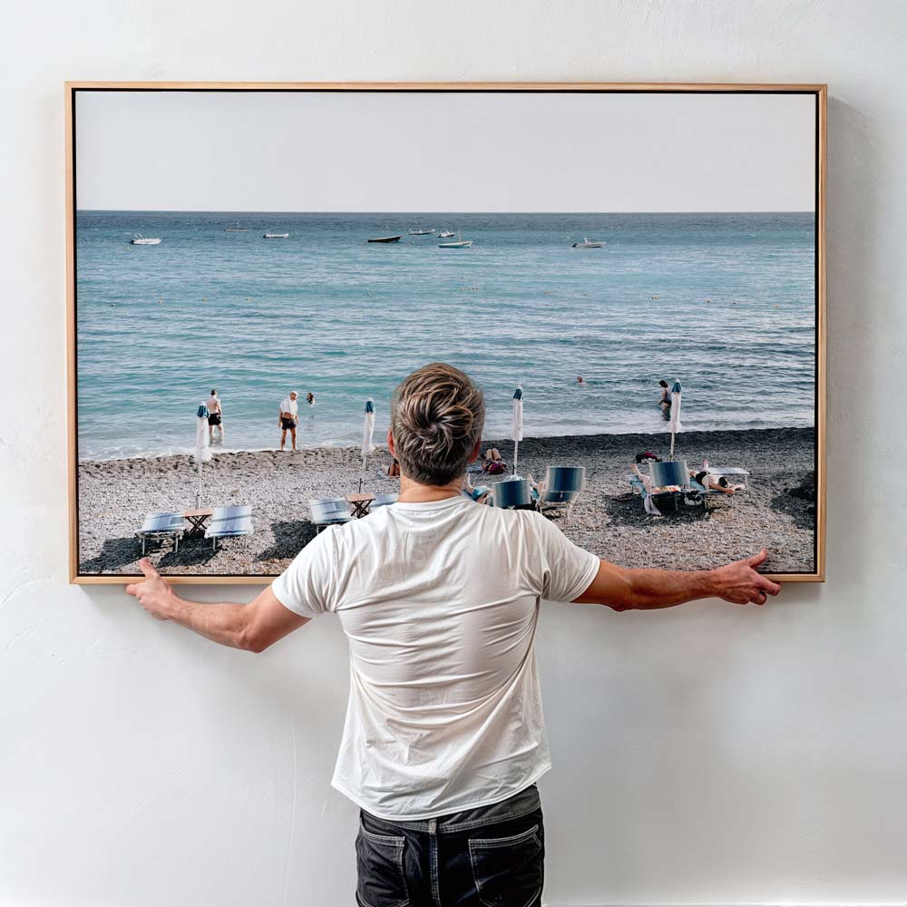 Italian Riviera Charm: A framed picture of Fornillo Bathers in Positano, Amalfi Coast, Italy, ideal for adding Mediterranean flair to your home decor.