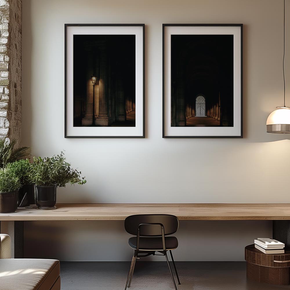 Iconic Parisian arches from the Louvre, perfect for framed art and modern home decor in living rooms or bedrooms.
