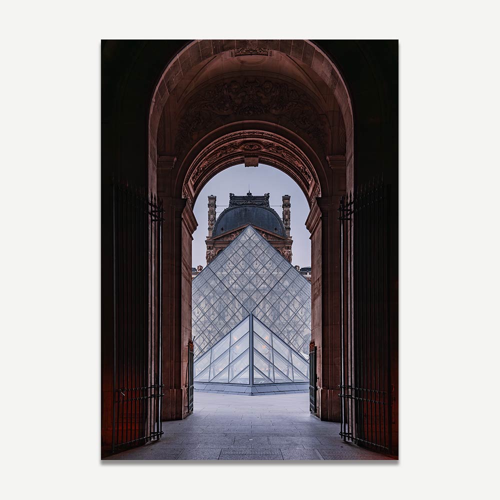 Paris’s Louvre pyramid captured with its magnificent surroundings in original artwork, perfect for home decor.
