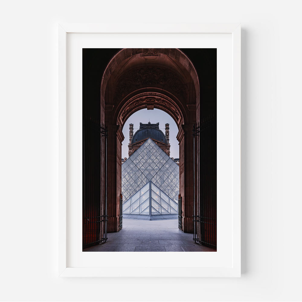 Silent Louvre pyramid captured in original wall art, showcasing Paris's artistic legacy for home decor.

