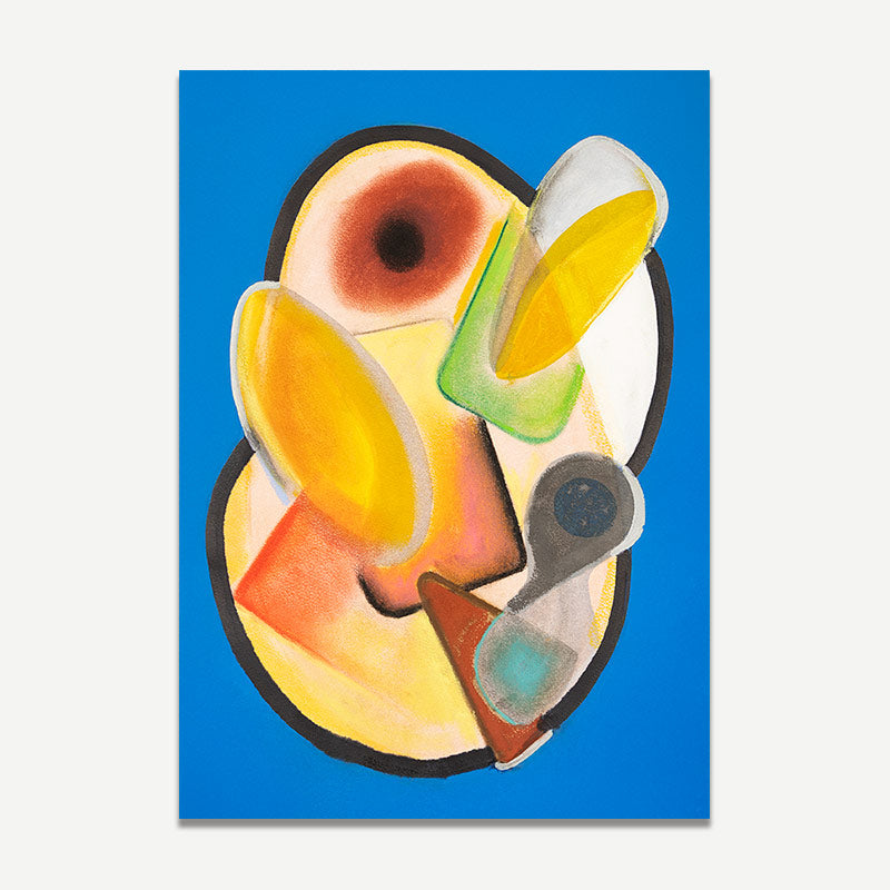 Abstract artwork with colorful shapes on a blue background