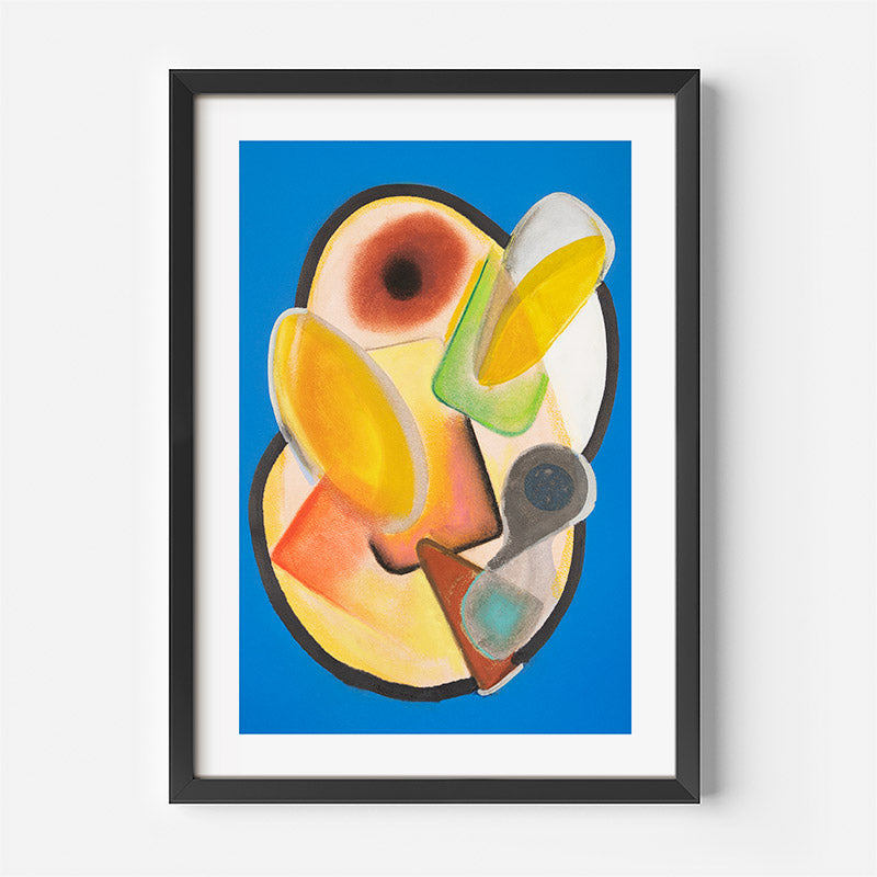 Framed abstract artwork with colorful shapes on a blue background
